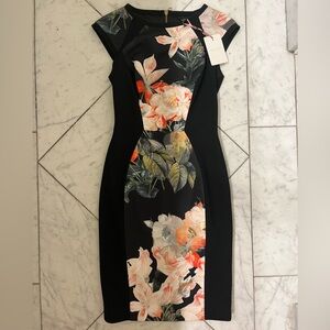 Ted Baker Floral Bloom Panel Dress in Black, Size 1
